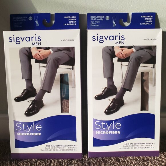 2 Pait Sigvaris Men's Tan Compression Socks / Stockings Size LS 20-30 MMHg New - Picture 1 of 5